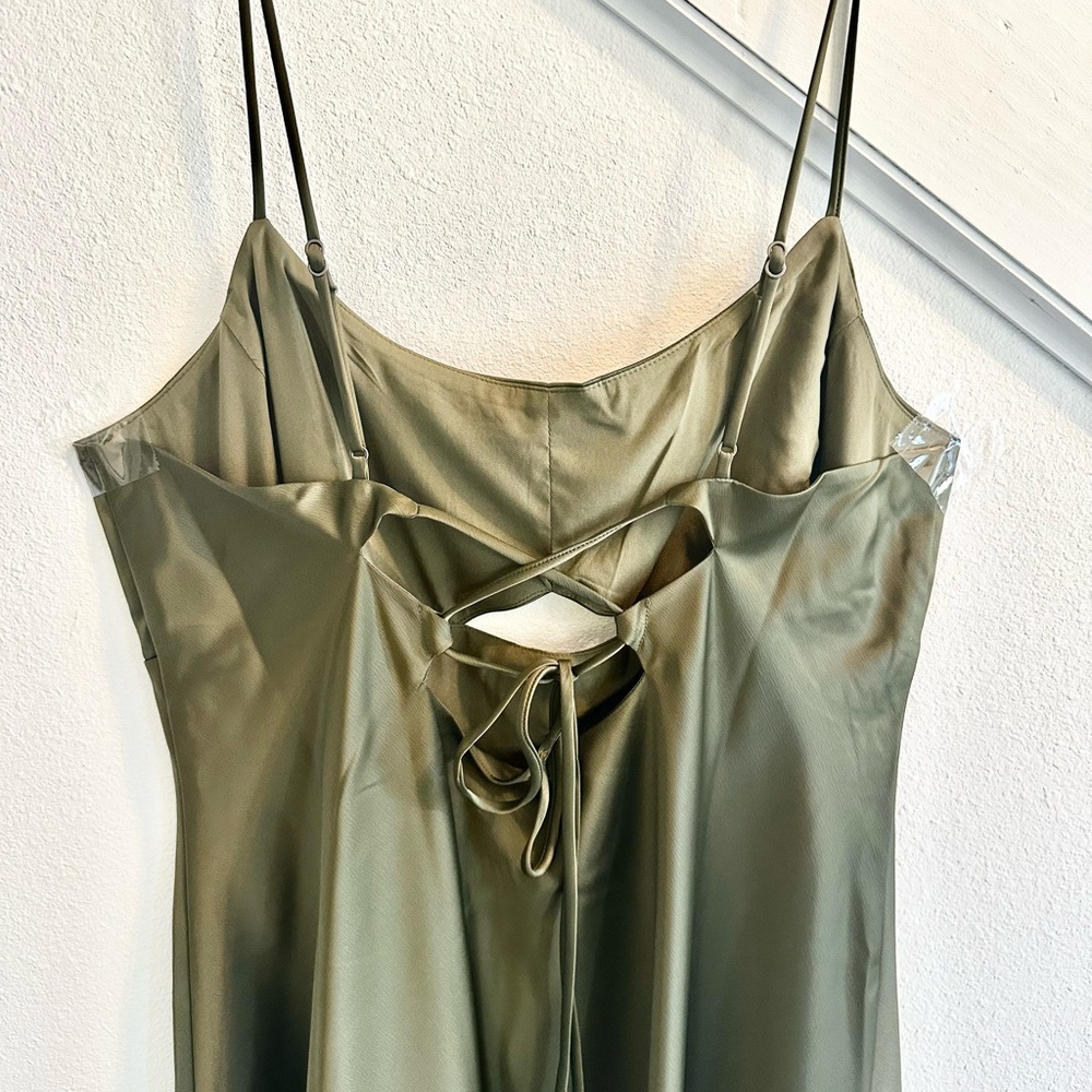 Elegant Olive Green Satin Midi Dress new with tags. - Picture 6 of 8